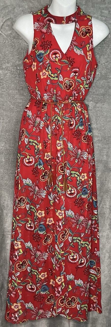 By & By Red Floral Maxi XS Womens Dress Boho Style Sleeveless Flowy Summer NWT